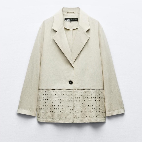 Zara linen Blend embroidered eyelets blazer - Picture 2 of 11